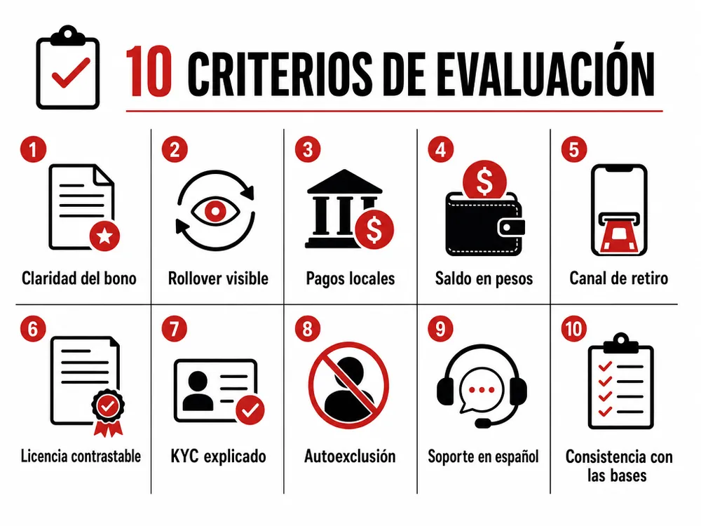 Los diez criterios de evaluación aplicados a cada casino de la comparativa